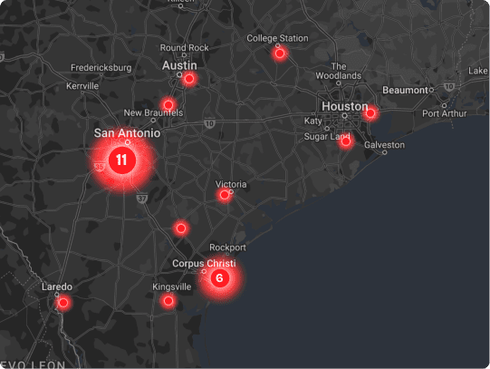 Map of Houston, Texas area with numbered red location markers indicating points of interest.